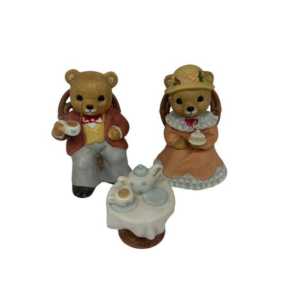 VTG HOMCO Tea Time Bears Figurine Set | Ceramic Mr. & Mrs. Teddy Bears w/ Table - Picture 1 of 8